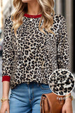 Leopard Print Contrast Trim Crew Neck Long Sleeve Top