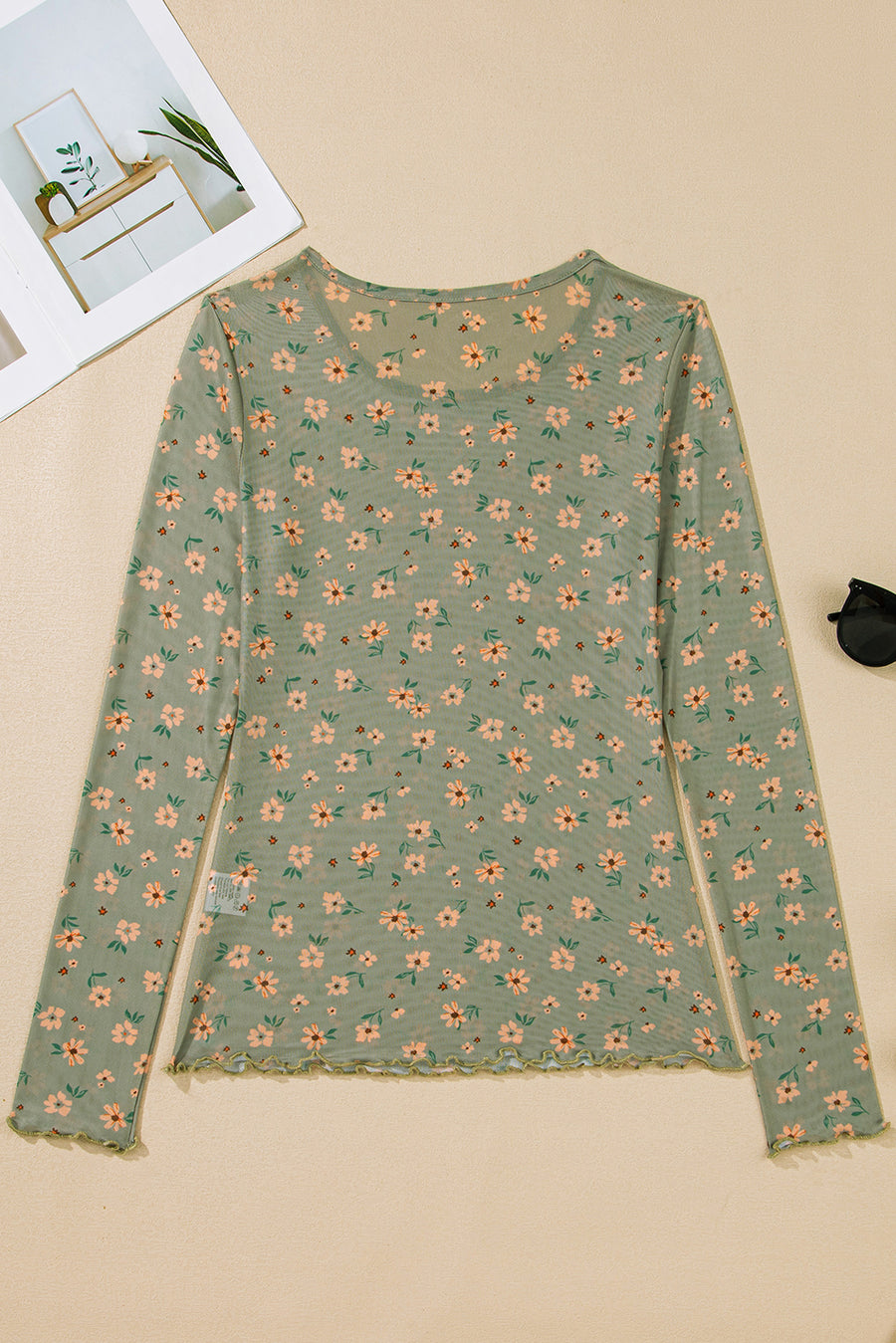 Floral Print Mesh Slim Fit Long Sleeve Blouse- 2 Colors