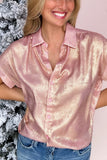 Metallic Pink Button-Up Short Sleeve Shirt