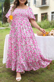 Plus Size Pink Floral Smocked Puff Sleeve Maxi Dress