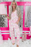 Pink Santa Claus V-Neck Tee Drawstring Pants Pajama Set