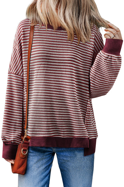 Striped Ribbed Exposed Seam Long Sleeve Oversized Top- 3 Colors