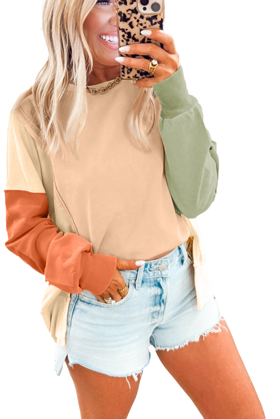 Beige Color Block Patchwork Split Hem Casual Sweatshirt