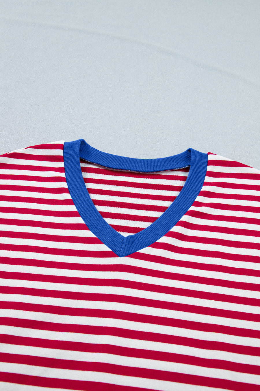 Striped Contrast Trim V-Neck T-Shirt and Drawstring Elastic Waist Shorts Set- 4 Colors
