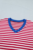 Striped Contrast Trim V-Neck T-Shirt and Drawstring Elastic Waist Shorts Set- 4 Colors