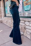 Dark Blue High Rise Ripped Raw Hem Bell Bottom Jeans