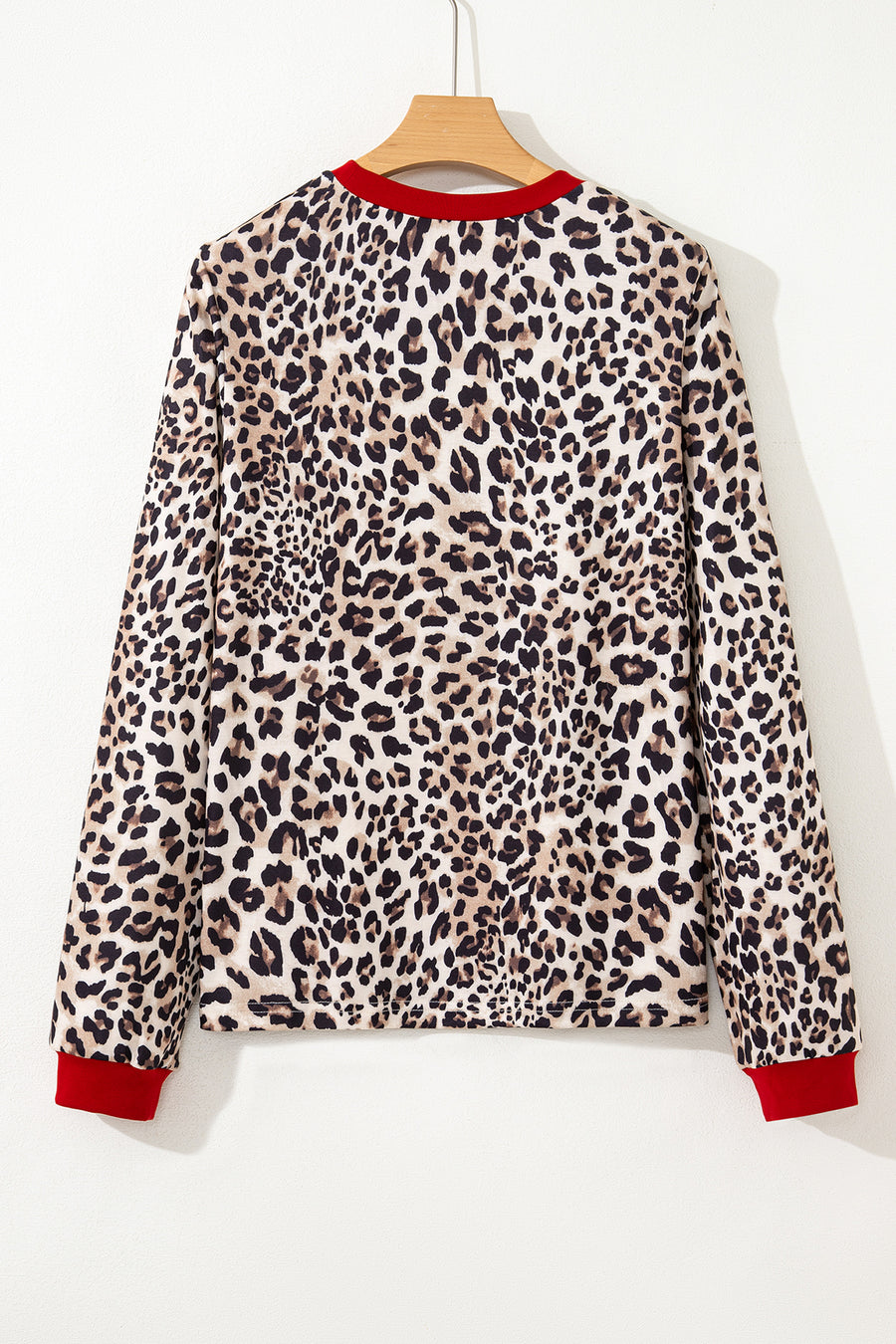 Leopard Print Contrast Trim Crew Neck Long Sleeve Top