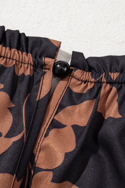 Chestnut Floral Print Frill Neck Bubble Sleeve Blouse