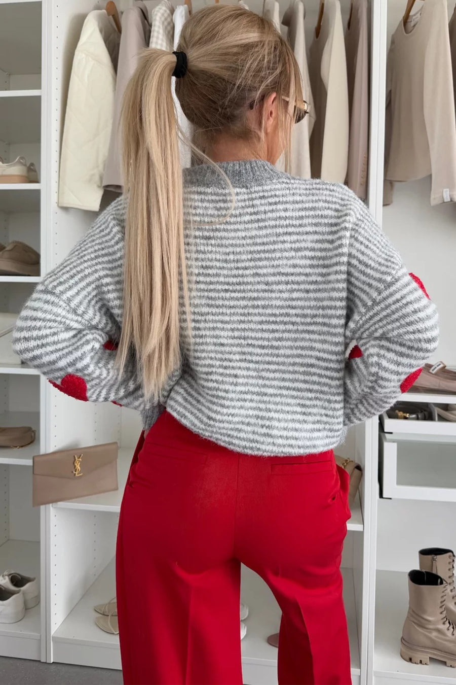 Striped Heart Pattern Drop Shoulder Mock Neck Knit Sweater- 2 Colors