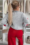 Striped Heart Pattern Drop Shoulder Mock Neck Knit Sweater- 2 Colors