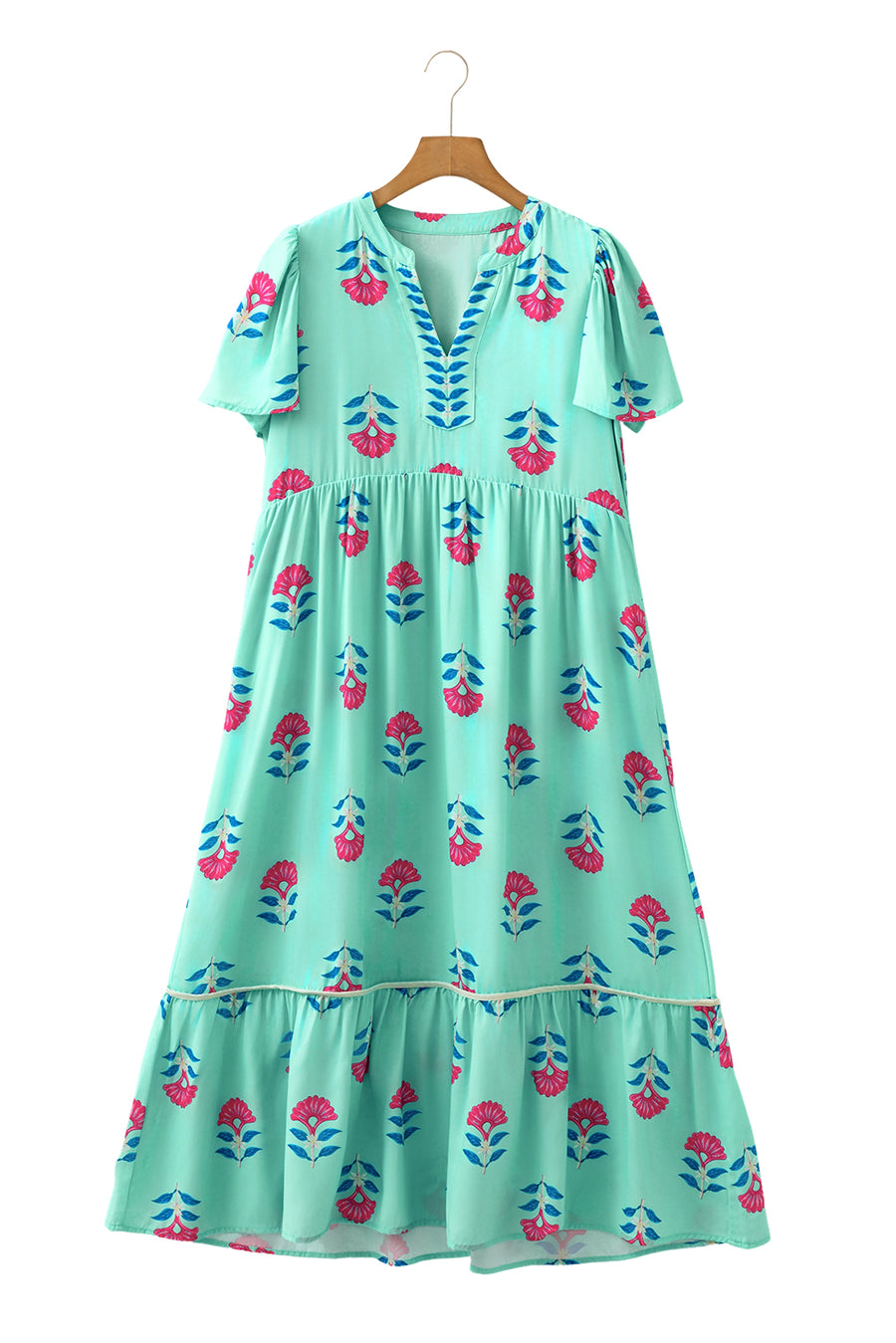 Blue Floral Print Notched Neck Flounce Sleeve Maxi Dress with Pockets- 2 Colors