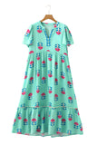 Blue Floral Print Notched Neck Flounce Sleeve Maxi Dress with Pockets- 2 Colors