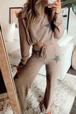 Khaki Retro Star Print Long Sleeve Pullover Drawstring Wide Leg Pajama Set