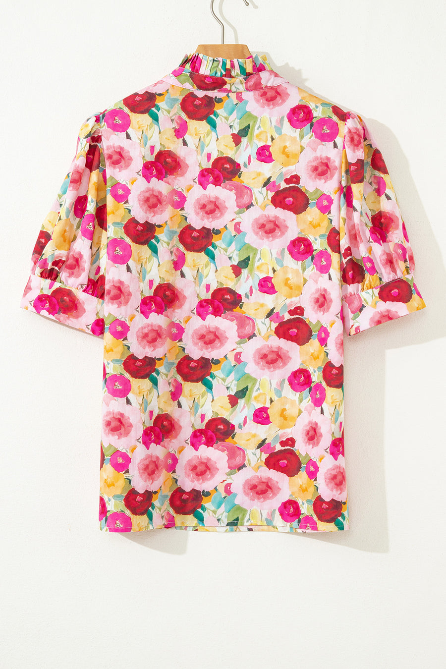 Pink Floral Frilled V-Neck Puff Short Sleeve Blouse
