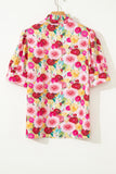 Pink Floral Frilled V-Neck Puff Short Sleeve Blouse