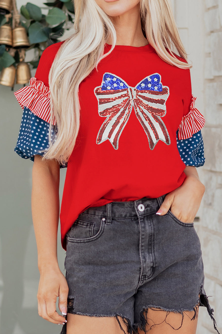 Red American Sequin Bow Contrast Puff Sleeve Blouse