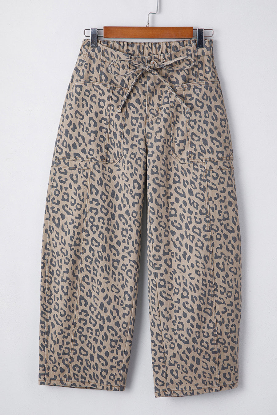 Leopard Print Drawstring Barrel Leg Jeans with Pockets- 2 Colors