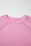 Bright Pink Lace Patchwork Raglan Sleeve Loose Fit Sweatshirt
