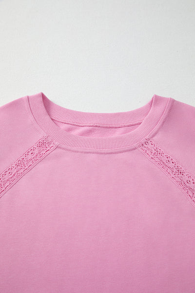 Bright Pink Lace Patchwork Raglan Sleeve Loose Fit Sweatshirt