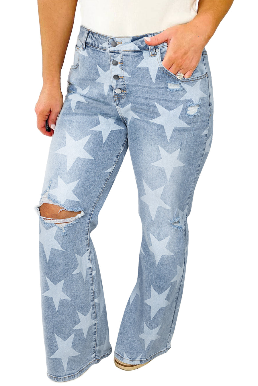 Plus Size Star Print Button Fly Slit Knee Destroyed Jeans