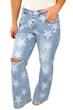 Plus Size Star Print Button Fly Slit Knee Destroyed Jeans
