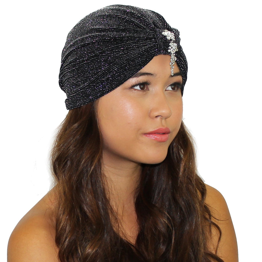 Black Metallic Velvet Cascading Crystals Turban