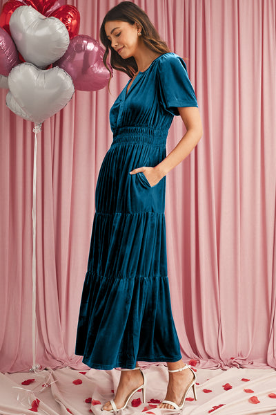 Velvet Puff Short Sleeve Smocked Waist Tiered Maxi Dress- 3 Colors