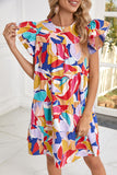 Abstract Print Flutter Sleeve Tiered Mini Dress