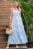 Blue Floral Striped Smocked A-Line Tie Strap Maxi Dress