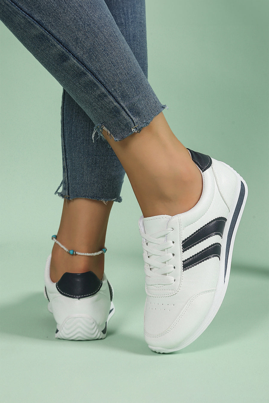 White PU Leather Striped Casual Sneakers