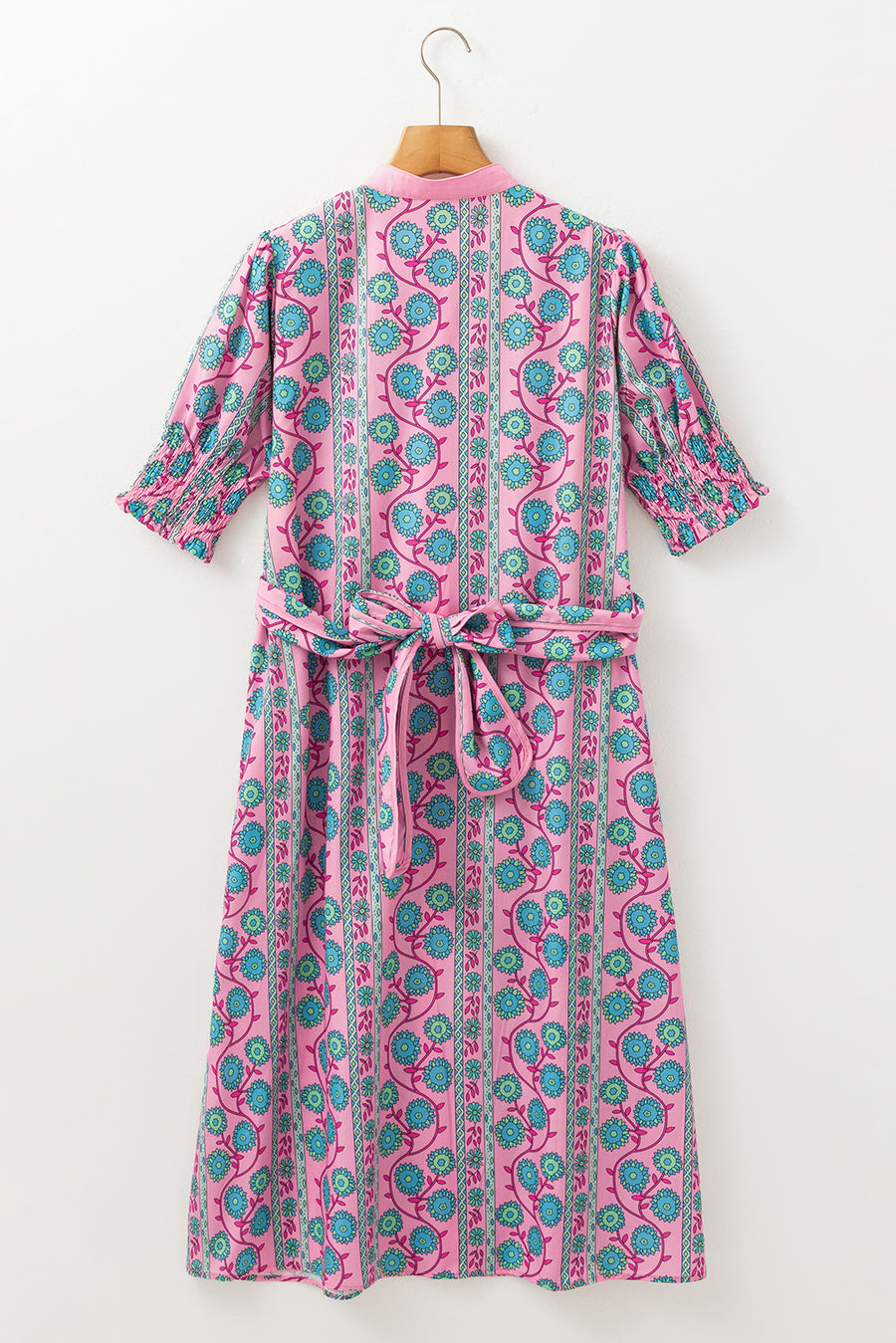 Pink Bohemian Floral Shirred Short Sleeve Belted Midi Dress