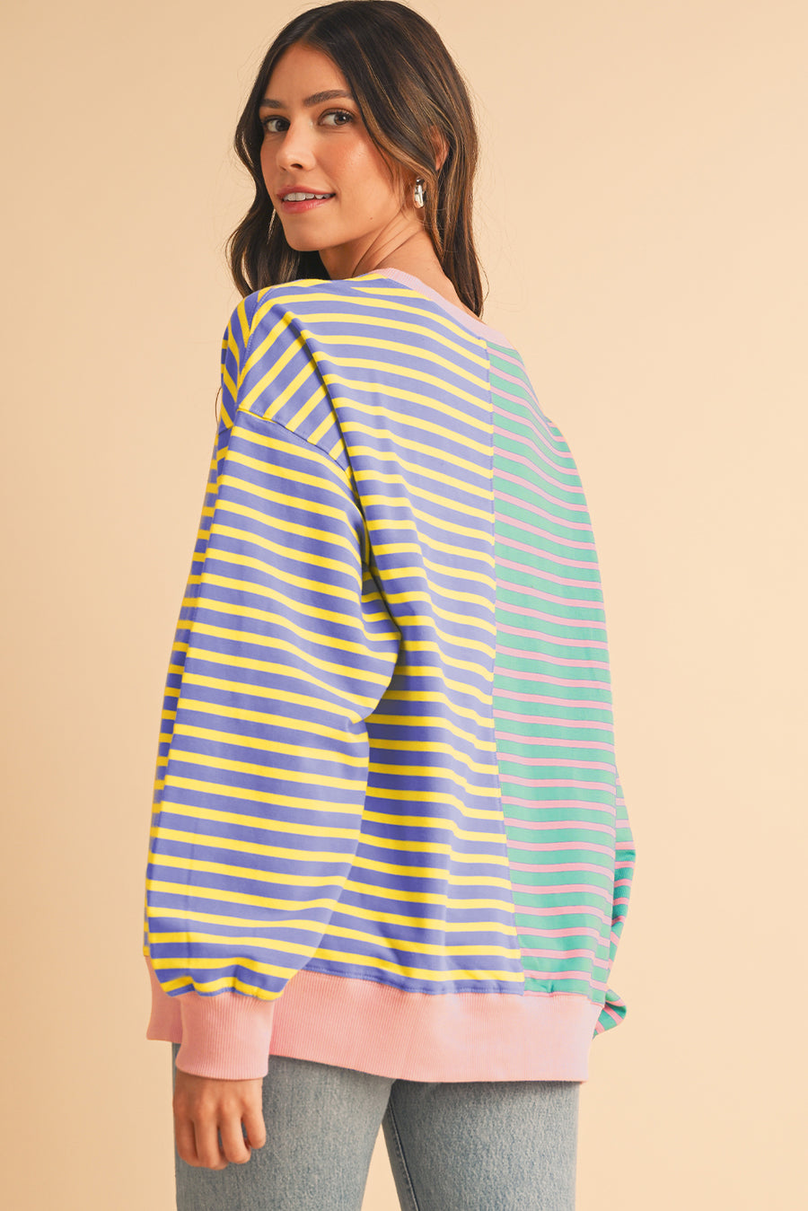 Striped Color Block Drop Shoulder Oversized Sweatshirt- 2 Colors