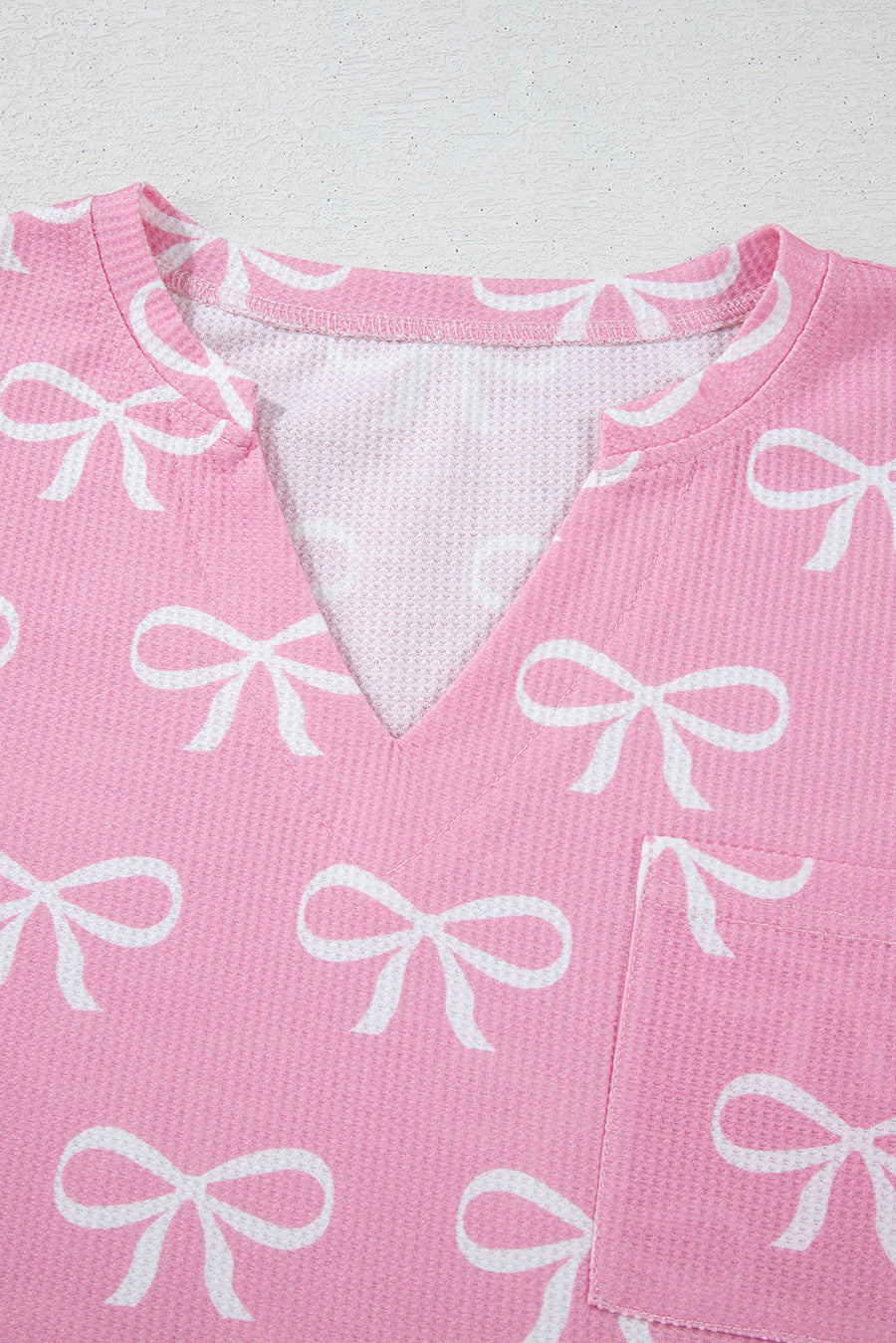 Pink Waffle Knit Bow Print Notched T-Shirt And Shorts Set