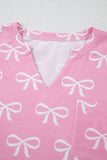 Pink Waffle Knit Bow Print Notched T-Shirt And Shorts Set