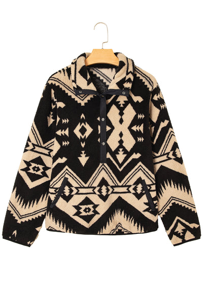 Beige Vintage Geometric Half Zip Plush Sweatshirt