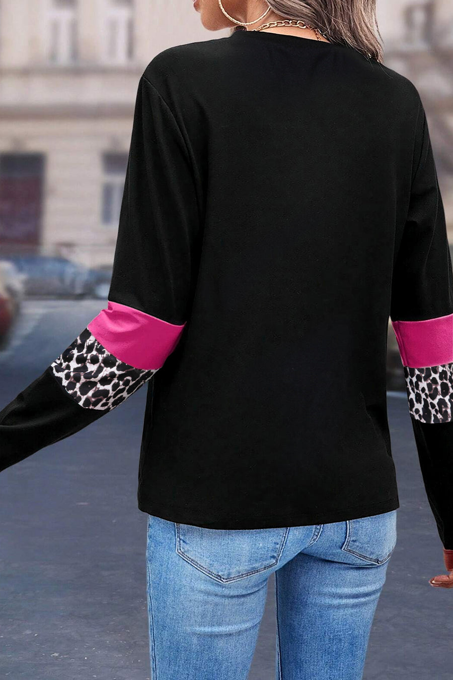 Leopard Print Color Block Patchwork Crew Neck Long Sleeve Top