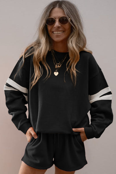 Varsity Striped Sleeve Drop Shoulder Sweatshirt and Shorts Set- 5 Colors