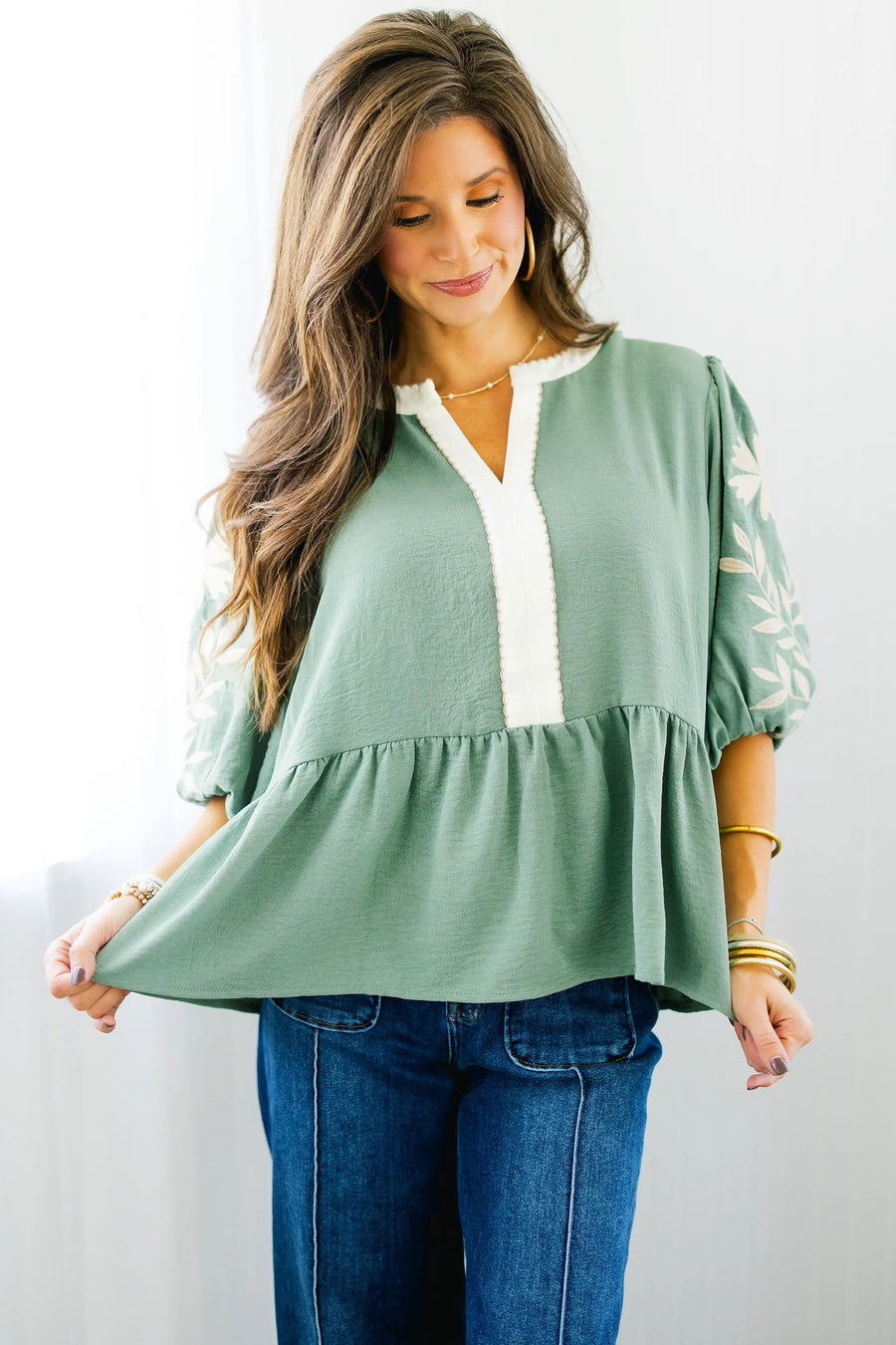 Myosotis Color Block Patchwork V Neck Embroidered Puff Sleeve Babydoll Blouse