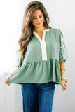 Myosotis Color Block Patchwork V Neck Embroidered Puff Sleeve Babydoll Blouse