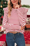 Red & White Striped Ruffle Shoulder Long Sleeve Top