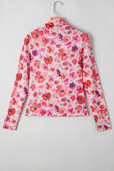 Red Floral Print Long Sleeve Slim Fit Mesh Top