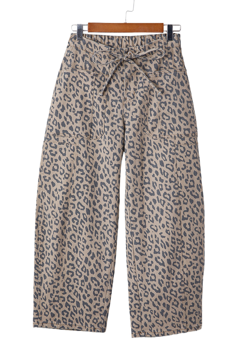 Leopard Print Drawstring Barrel Leg Jeans with Pockets- 2 Colors