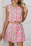Pink Boho Floral Print Cropped Top Mini Skirt Set