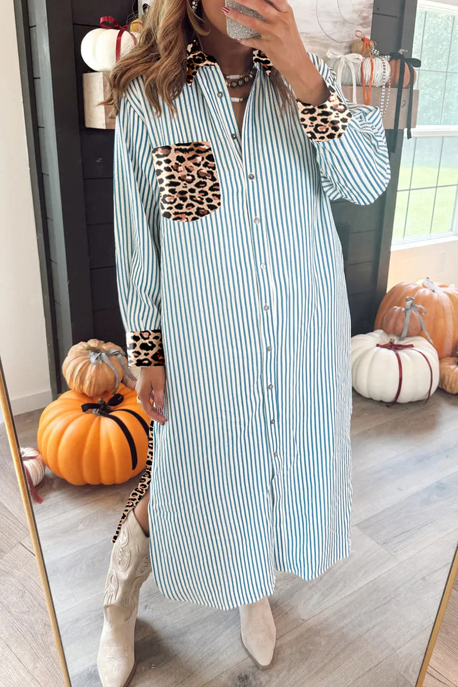 Striped Contrast Trim Leopard Patchwork Long Sleeve Midi Shirt Dress- 2 Colors