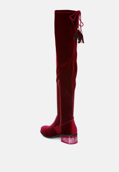 Rumple Velvet Over the Knee Clear Heel Boots- 4 Colors