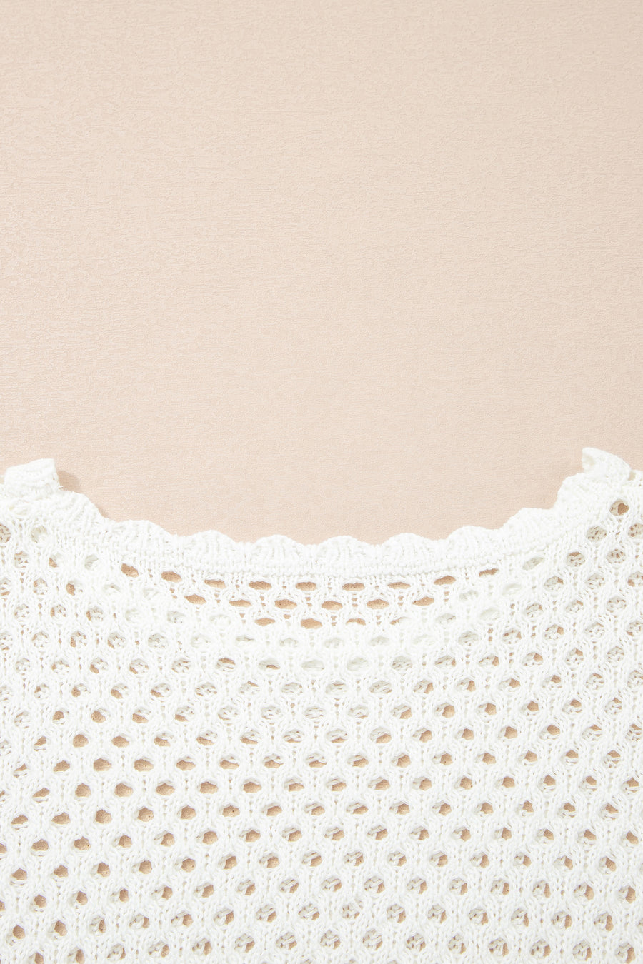 Yellow Cream Scalloped Trim Hollow Out Knit Long Sleeve Top