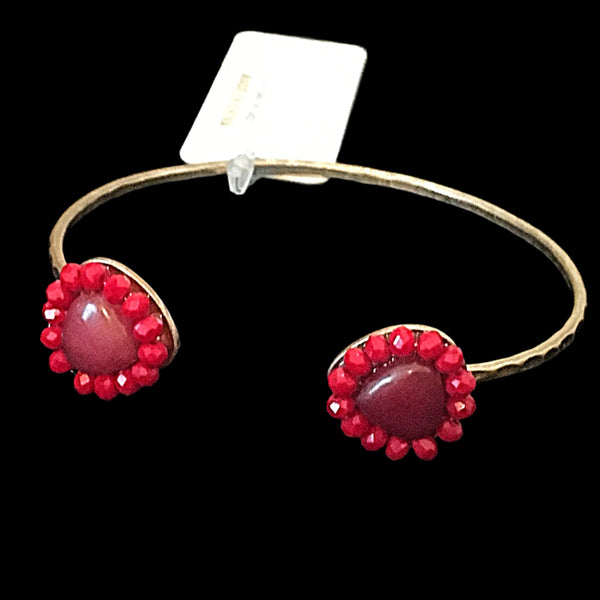 Worn Gold Teardrop Stone and Beads Cuff Bracelet- Burgundy