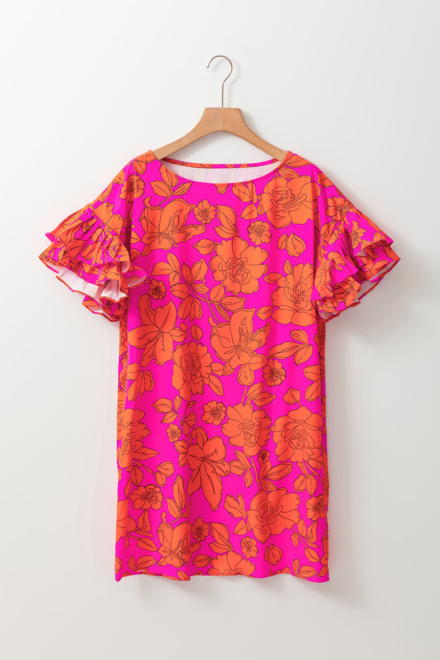 Neon Pink and Orange Floral Ruffle Sleeve Mini Dress