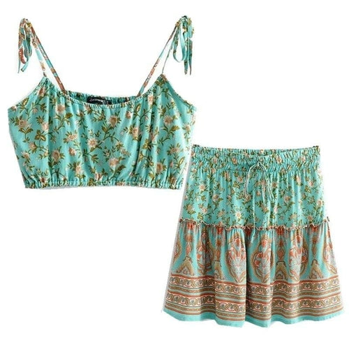 Women's Bohemian Floral Crop Top & Short Skirt Two-Piece Set- 2 Colors