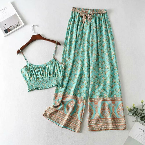 Women's Bohemian Floral Crop Top & Wide Leg Pants-Two Piece Set- 3 Colors